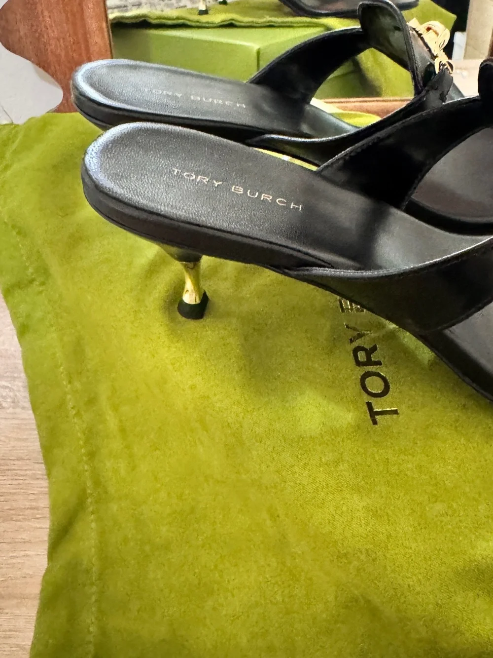 Tory Burch Black Leather Thong Mules with Gold Chain Accent